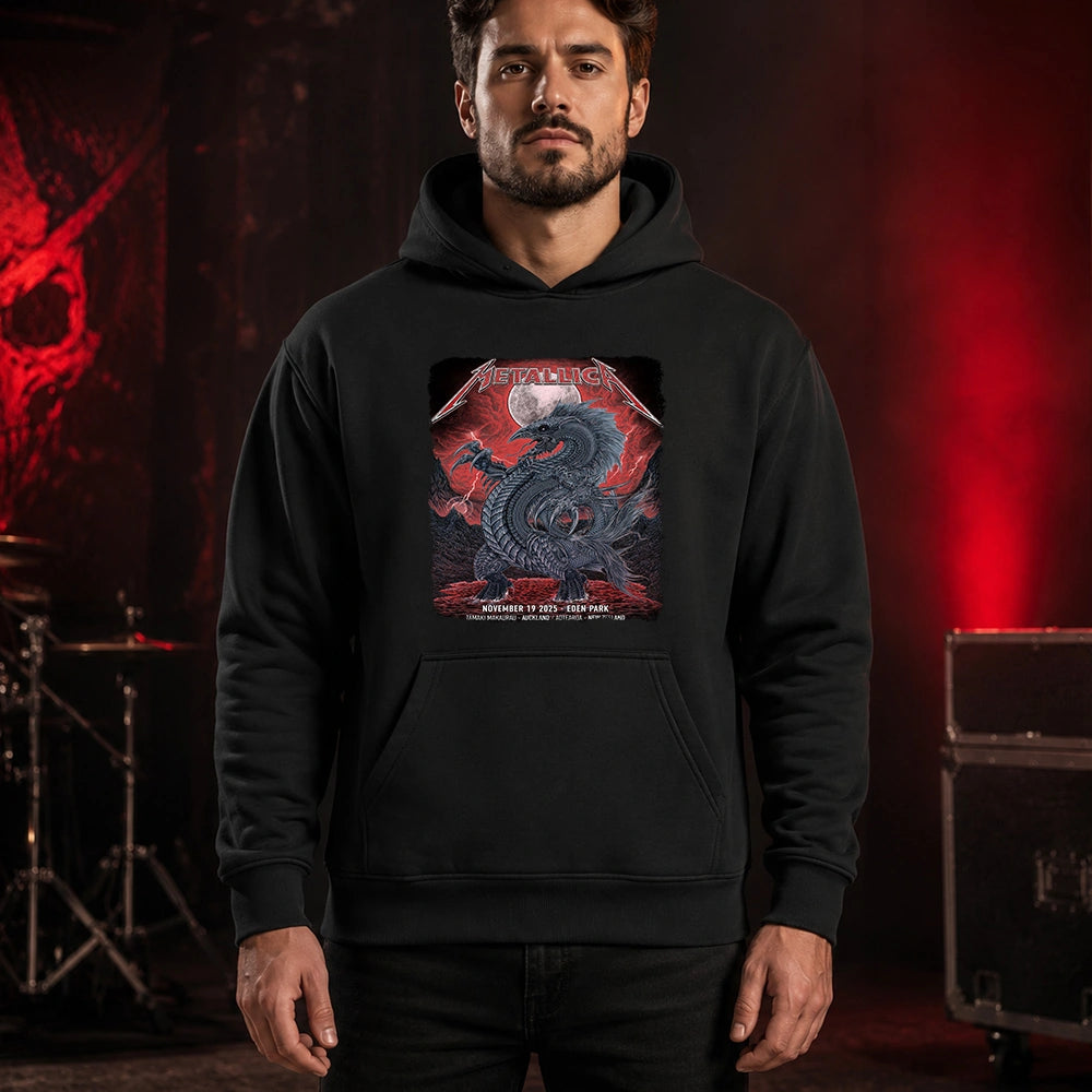 Metallica M72 World Tour November 19 2025 Eden Park Auckland New Zealand Hoodie by Mr. Wolf featuring a taniwha raven creature, full moon, red storm clouds, lightning, mountains and Auckland event text.
